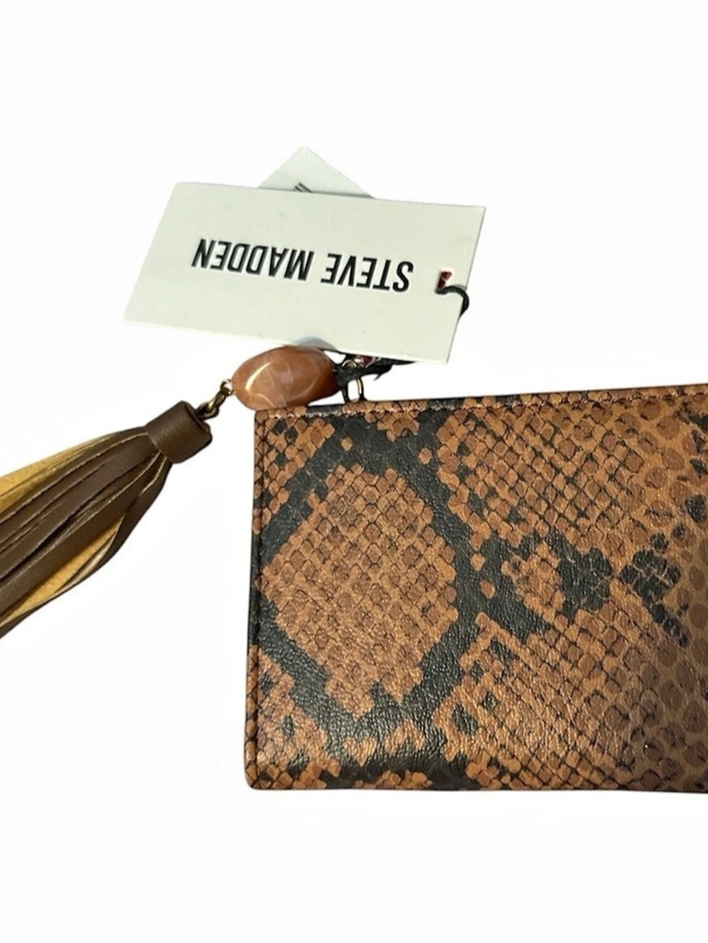 NWT Steve Madden Snake Print Pouch in Brown & Black stone tassel brass accents n
